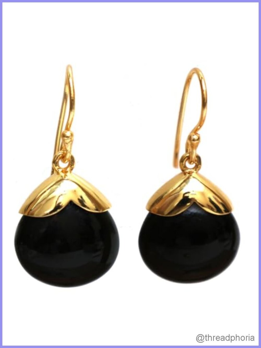 15mm Black Obsidian Drop Earrings Gold Cap Pear Statement Dangle